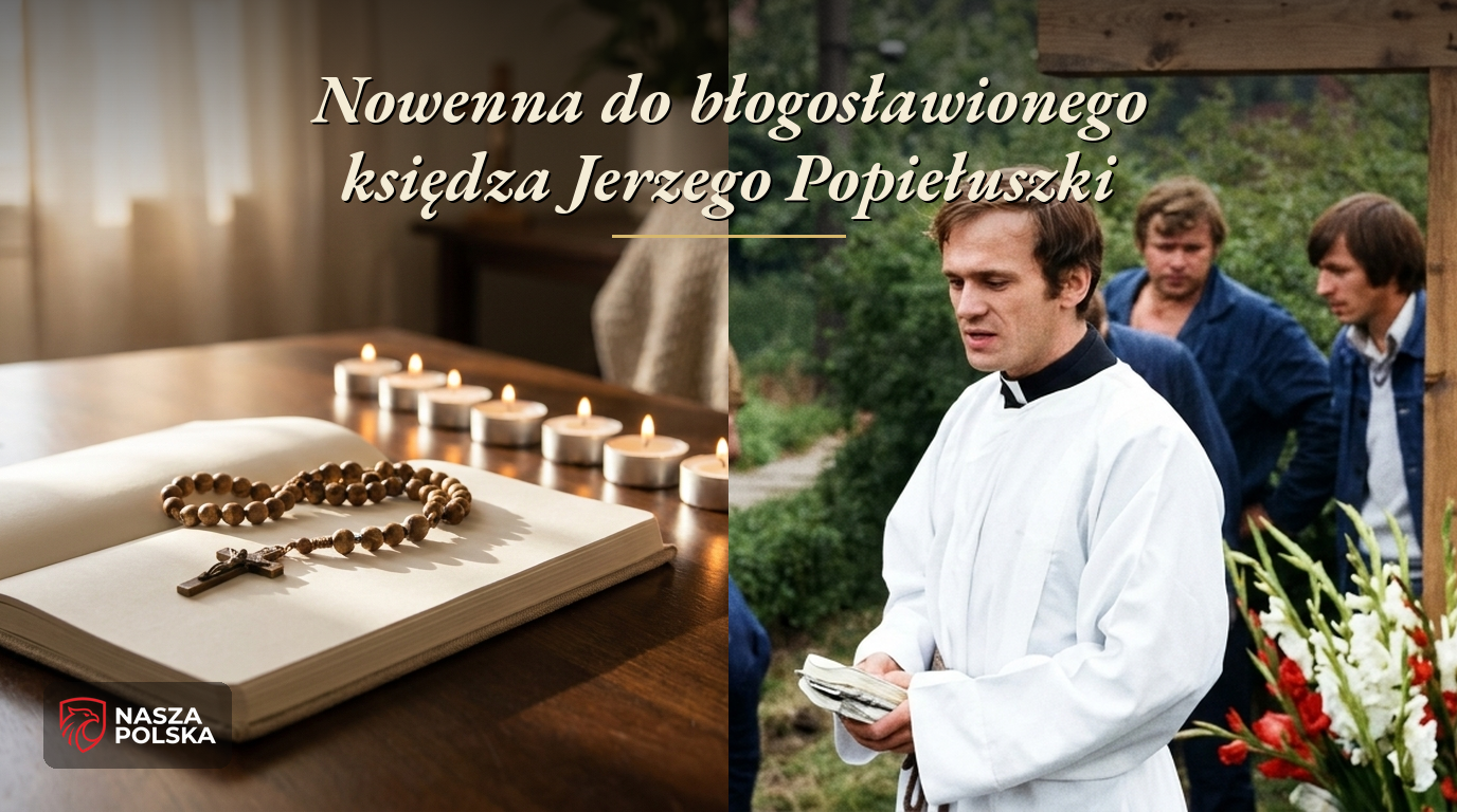 Nowenna do bł. ks. Jerzego Popiełuszki – różaniec i dziewięć świec oraz ksiądz Jerzy przy krzyżu