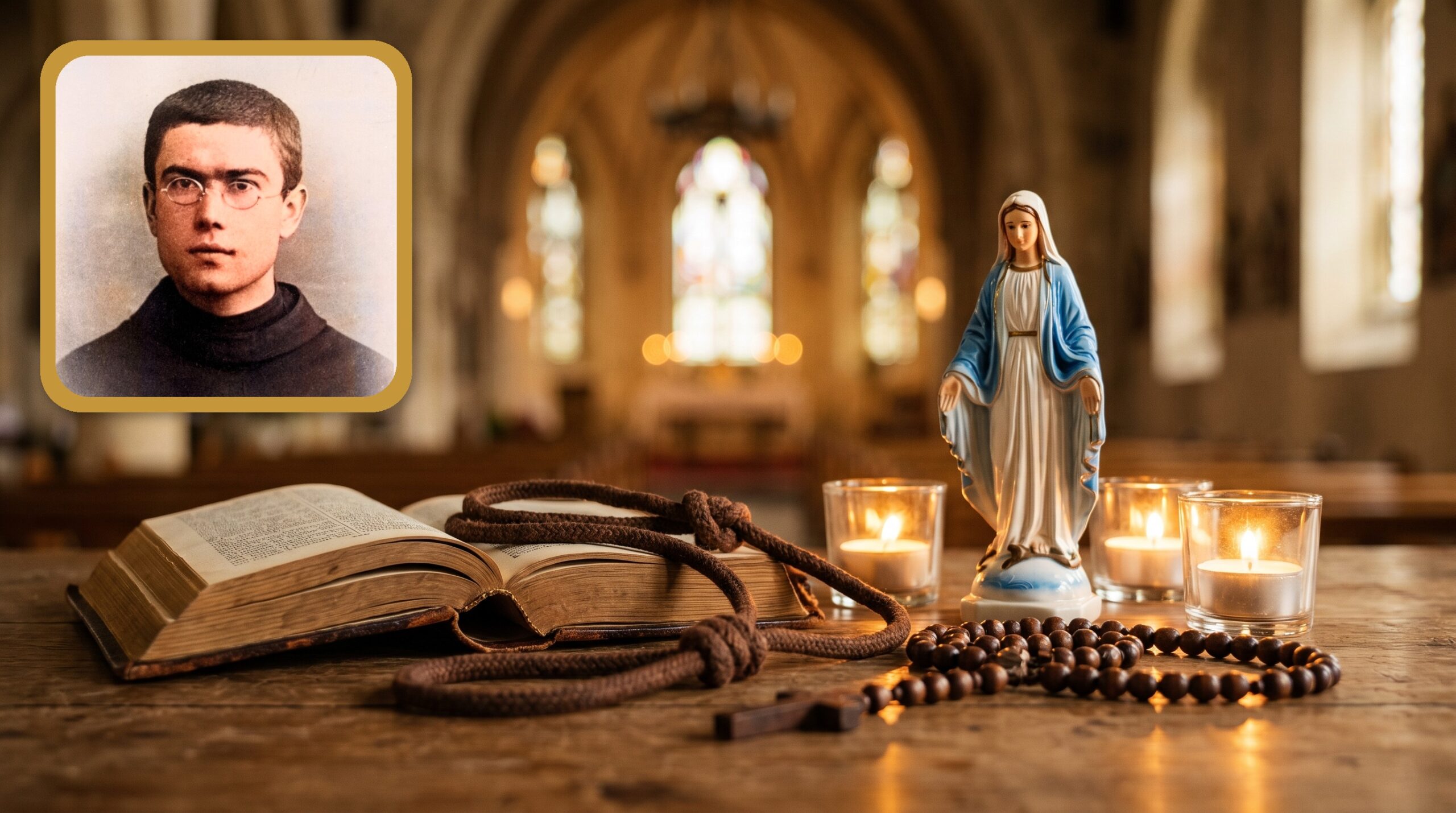 Modlitewnik, różaniec, figura Maryi i portret młodego Maksymiliana Kolbego — nowenna