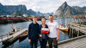 Polacy w Norwegii - rodzina z polską flagą nad fiordem w Lofotach, zdjęcie wygenerowane AI