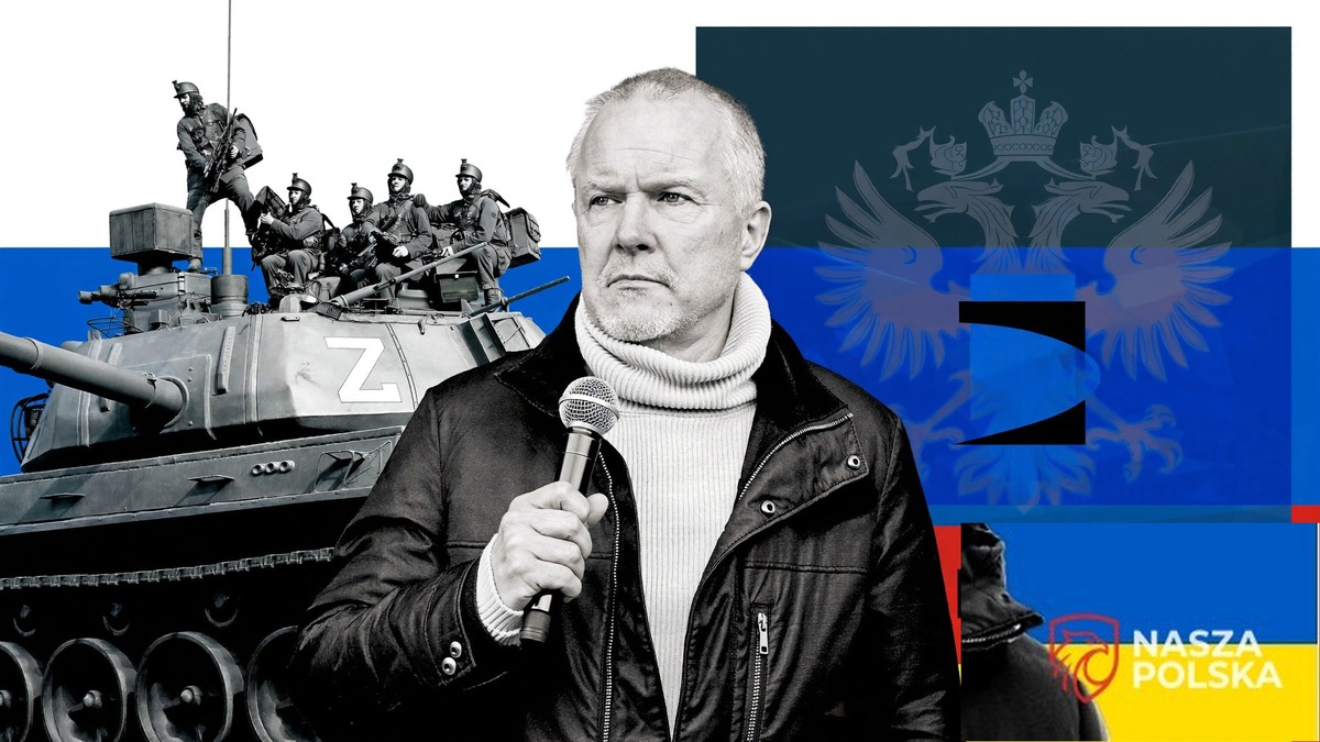 Władimir Putin, prezydent Rosji, na tle rosyjskich czołgów z symbolem Z i rosyjskiej flagi