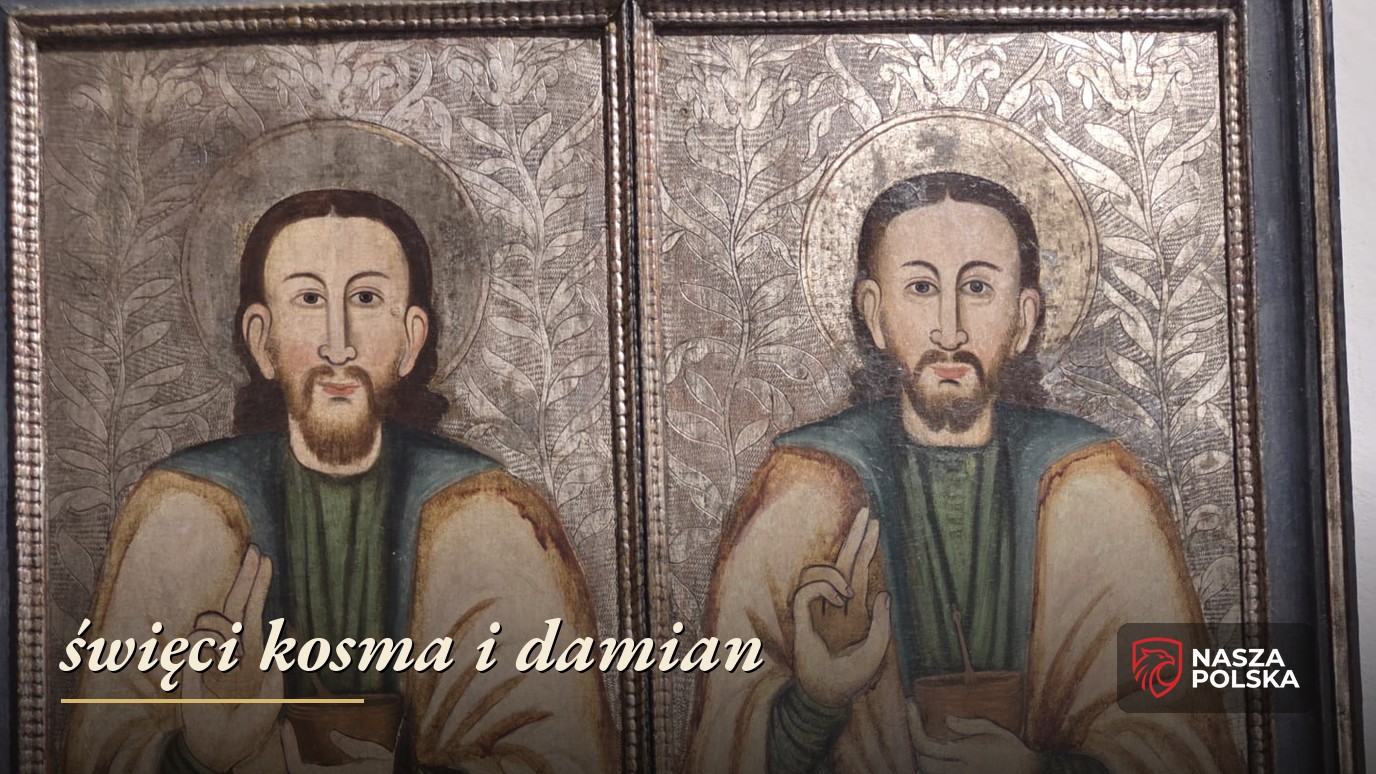 Święci Kosma i Damian – ikona dwóch braci lekarzy z naczyniami na lekarstwa