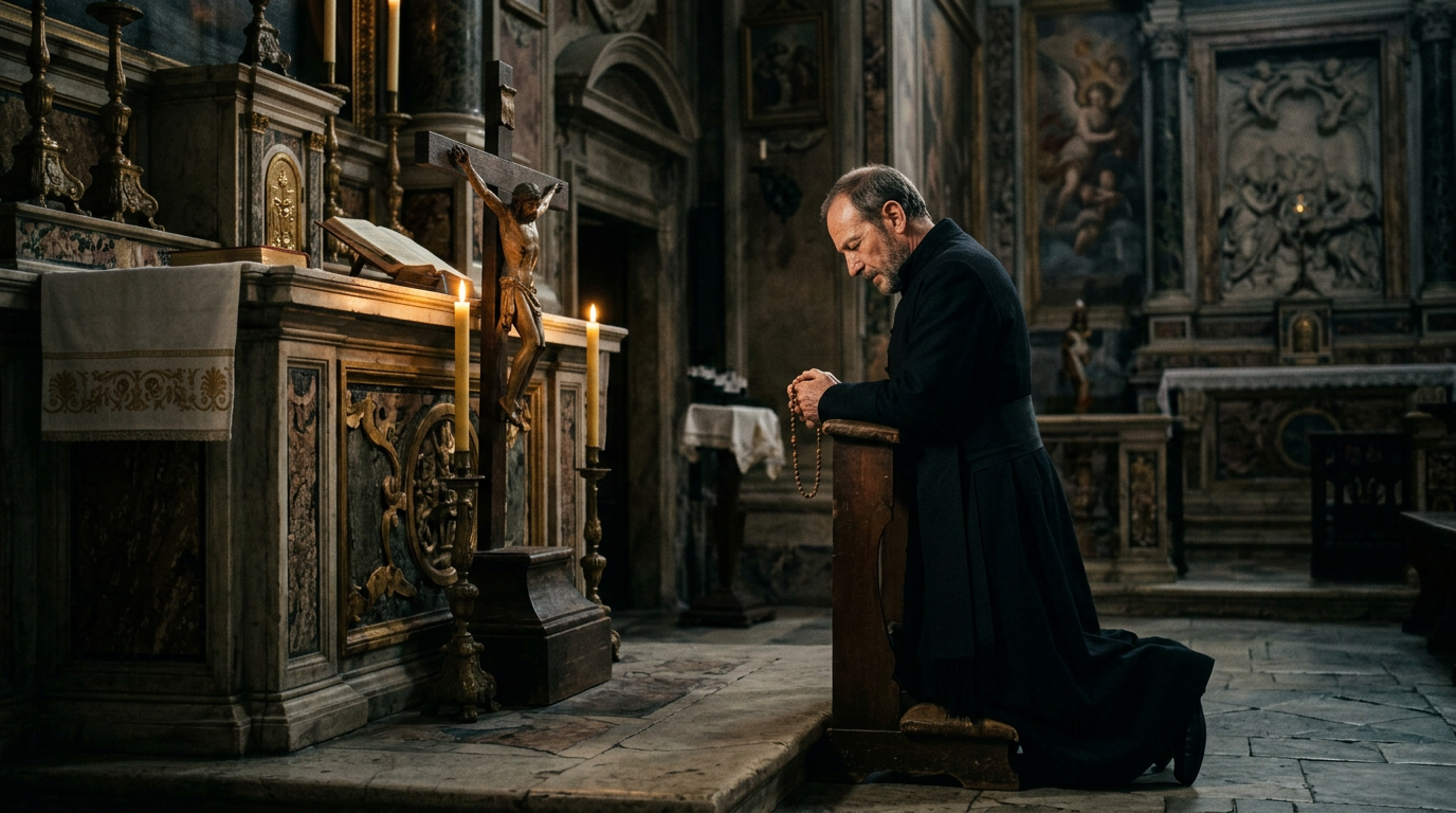 Święty Ignacy Loyola modlący się przed ołtarzem z krucyfiksem