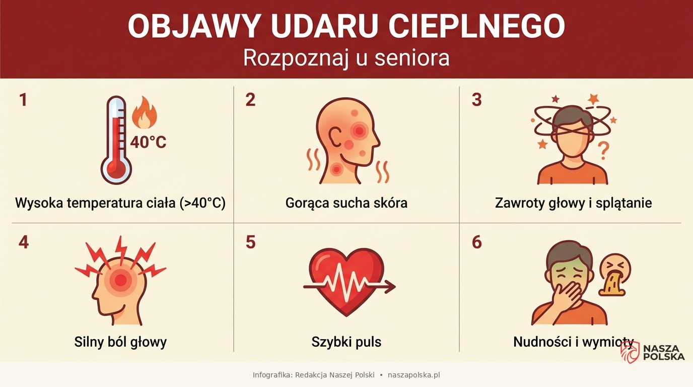Objawy udaru cieplnego u seniora - infografika przedstawiająca 6 kluczowych sygnałów