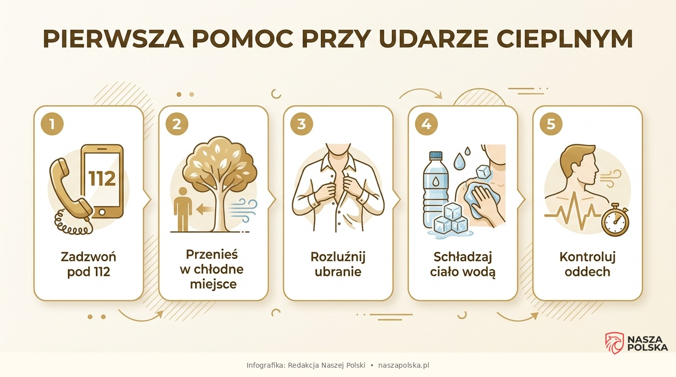 Pierwsza pomoc przy udarze cieplnym - infografika 5 kroków postępowania