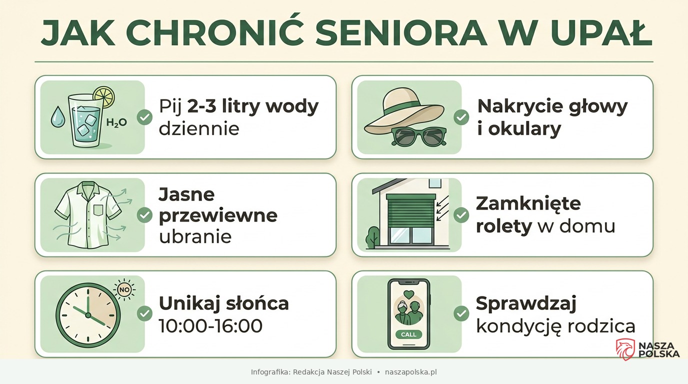 Jak chronić seniora w upał - infografika 6 zasad prewencji udaru cieplnego