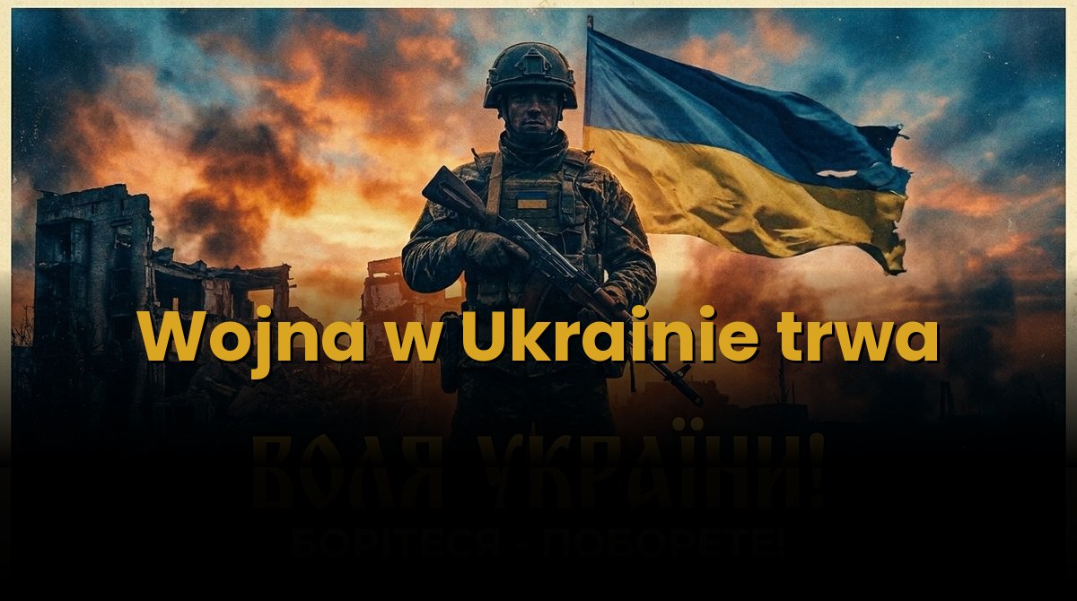 Ukraiński żołnierz z flagą Ukrainy - Wojna w Ukrainie trwa