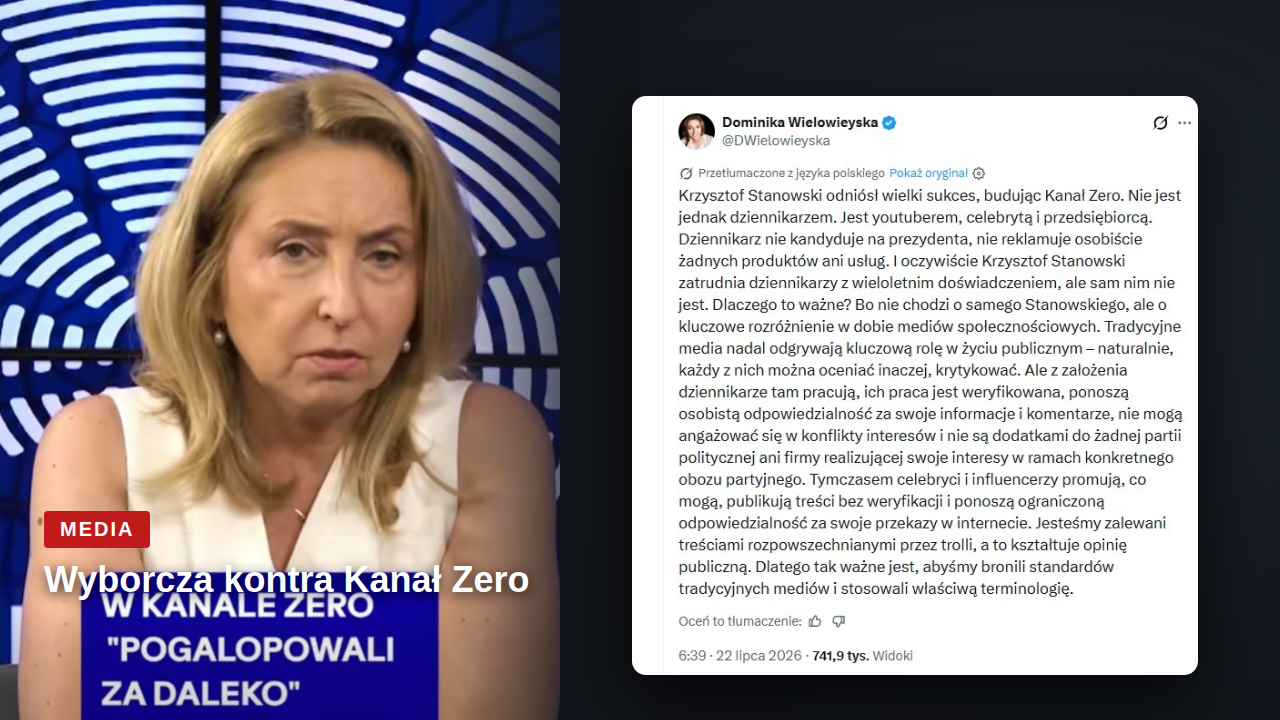Dominika Wielowieyska i zrzut jej wpisu na X o Krzysztofie Stanowskim i Kanale Zero