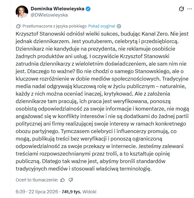 Zrzut ekranu wpisu Dominiki Wielowieyskiej na platformie X o Krzysztofie Stanowskim