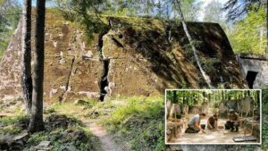 Ruiny schronu w Wilczym Szańcu, w okienku archeolodzy przy wykopaliskach (grafika AI)