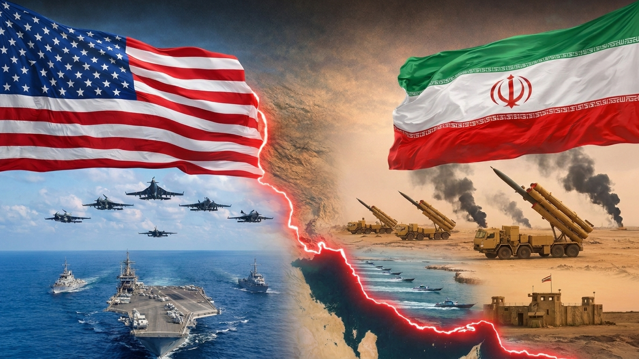 Wojna USA z Iranem – flagi USA i Iranu, lotniskowiec, myśliwce i wyrzutnie rakietowe
