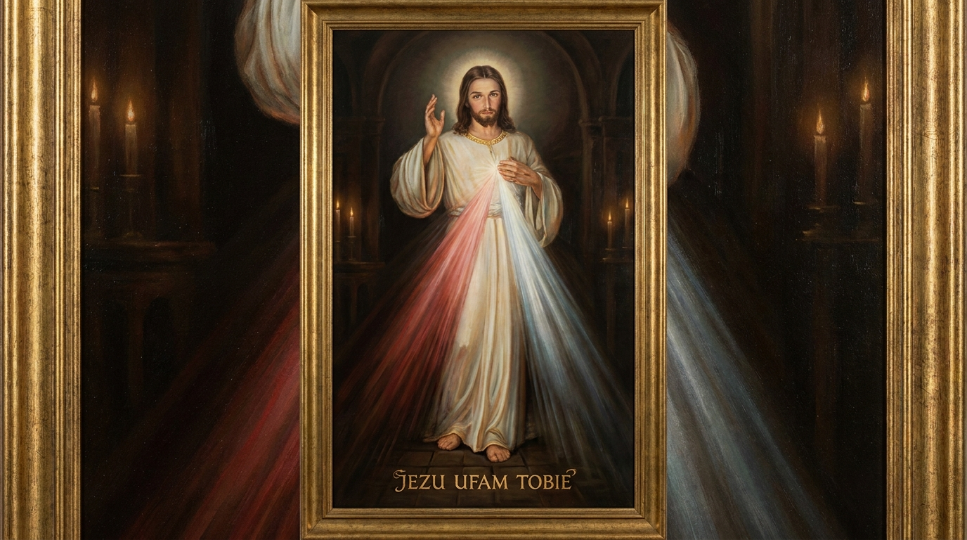 Obraz Jezu ufam Tobie - Miłosierdzie Boże, dwa promienie z Serca Jezusa