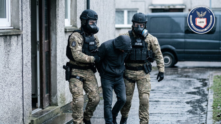 Funkcjonariusze ABW w maskach wyprowadzają z budynku zatrzymanego mężczyznę z zakrytą twarzą