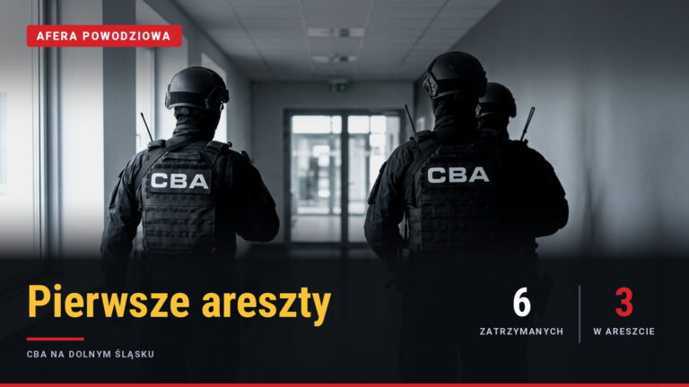 Trzej funkcjonariusze CBA w umundurowaniu taktycznym, widziani od tyłu, idą korytarzem budynku biurowego