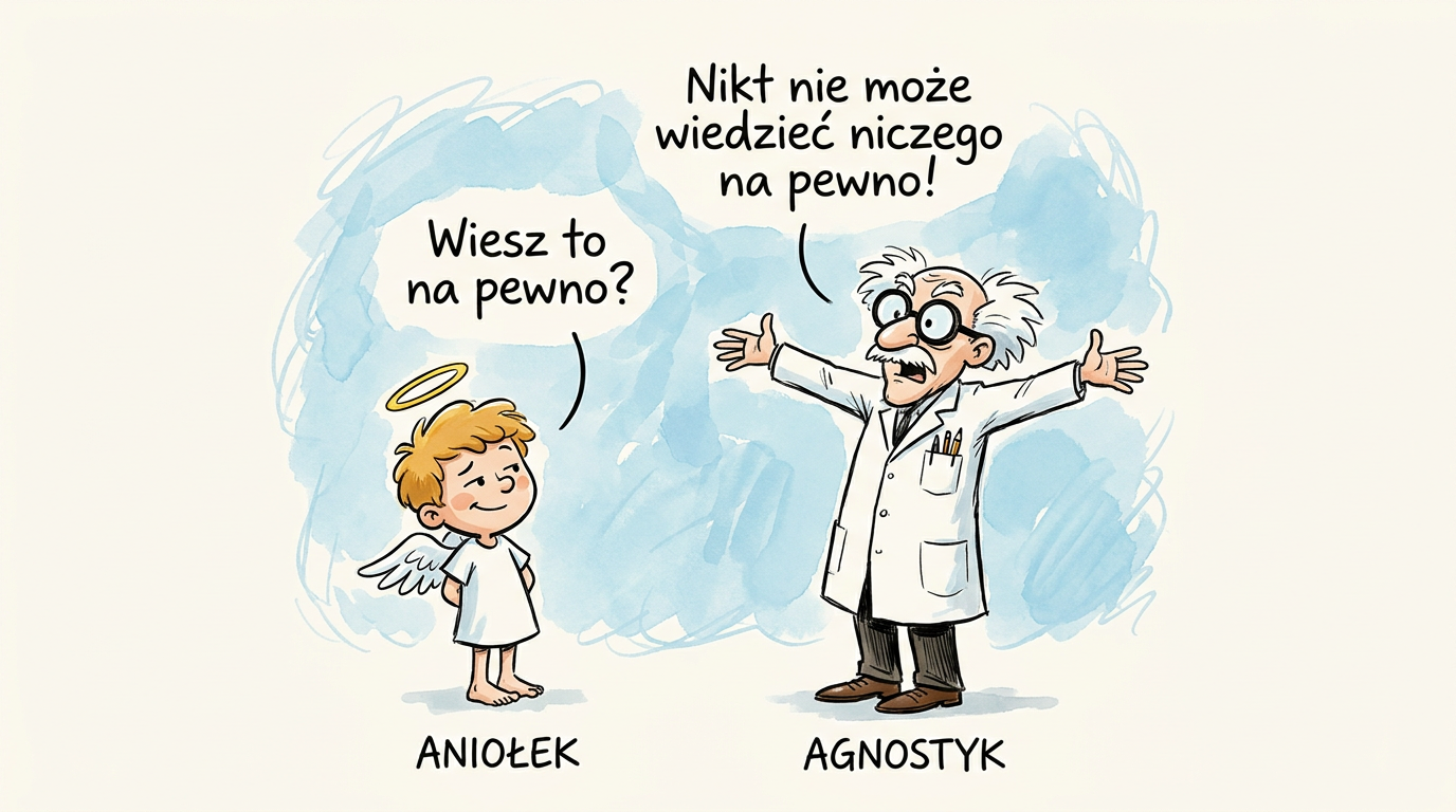 Kim jest agnostyk mocny – uczony twierdzi, że nikt nie może wiedzieć niczego na pewno, aniołek pyta, czy wie to na pewno