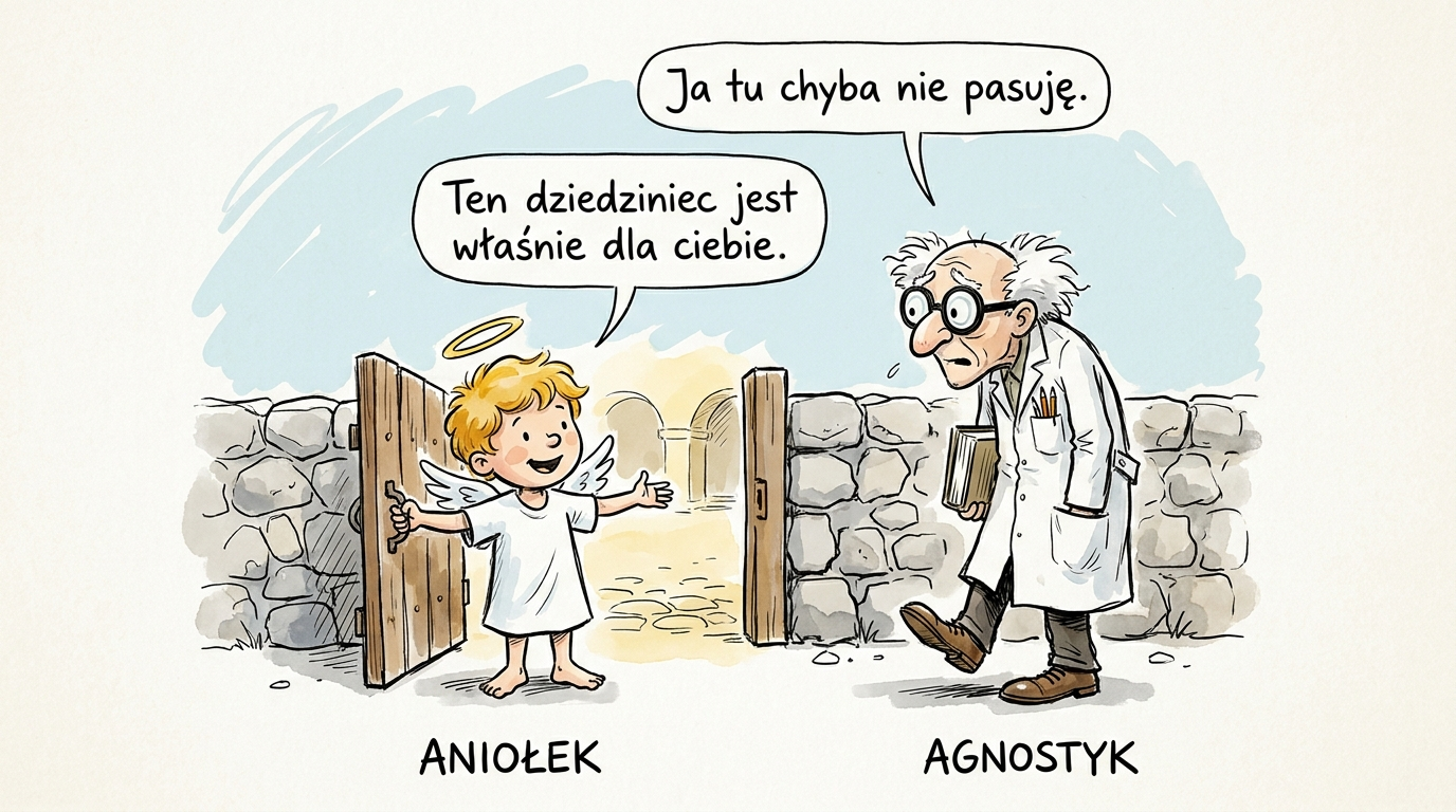 Agnostyk przed bramą dziedzińca pogan – aniołek zaprasza uczonego do środka, ten mówi „Ja tu chyba nie pasuję”