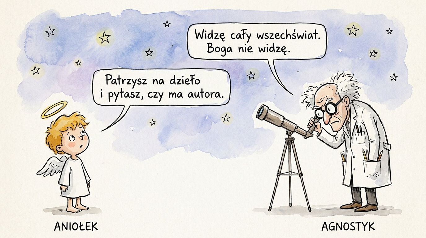 Kim jest agnostyk – uczony przy teleskopie mówi, że widzi wszechświat, ale nie widzi Boga, aniołek pyta o autora dzieła