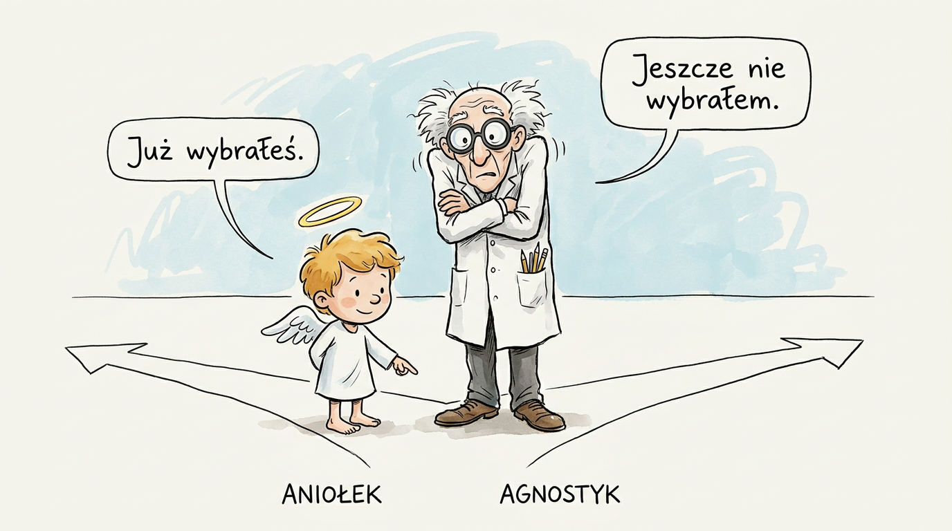 Agnostyk wobec zakładu Pascala – uczony stoi na rozdrożu i mówi „Jeszcze nie wybrałem”, aniołek odpowiada „Już wybrałeś”