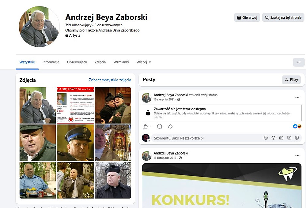 Zrzut oficjalnego profilu aktora w serwisie Facebook z galerią kadrów z jego ról filmowych