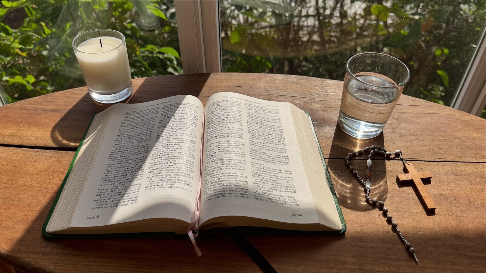 Otwarta Biblia, różaniec i zapalona świeca na drewnianym stole
