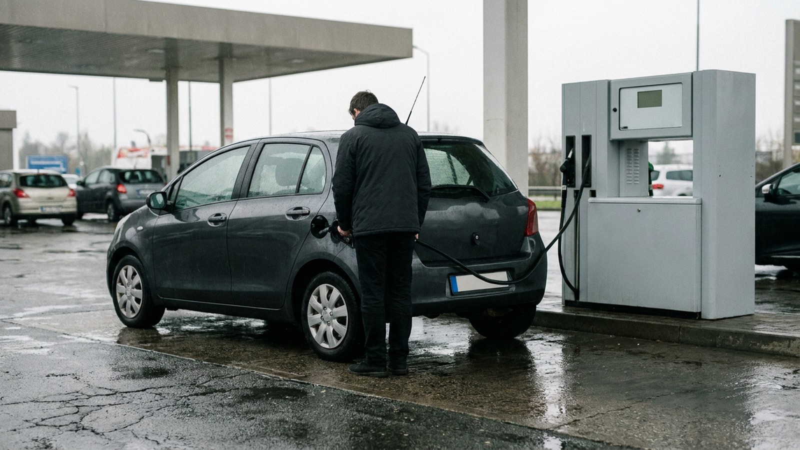 Kierowca tankuje ciemny samochód przy dystrybutorze na zadaszonym placu stacji paliw