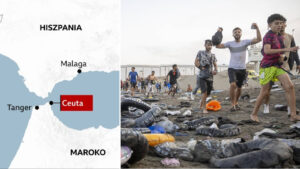 Mapa z zaznaczoną Ceutą między Hiszpanią a Marokiem, obok migranci idący plażą wśród porzuconych dętek i ubrań