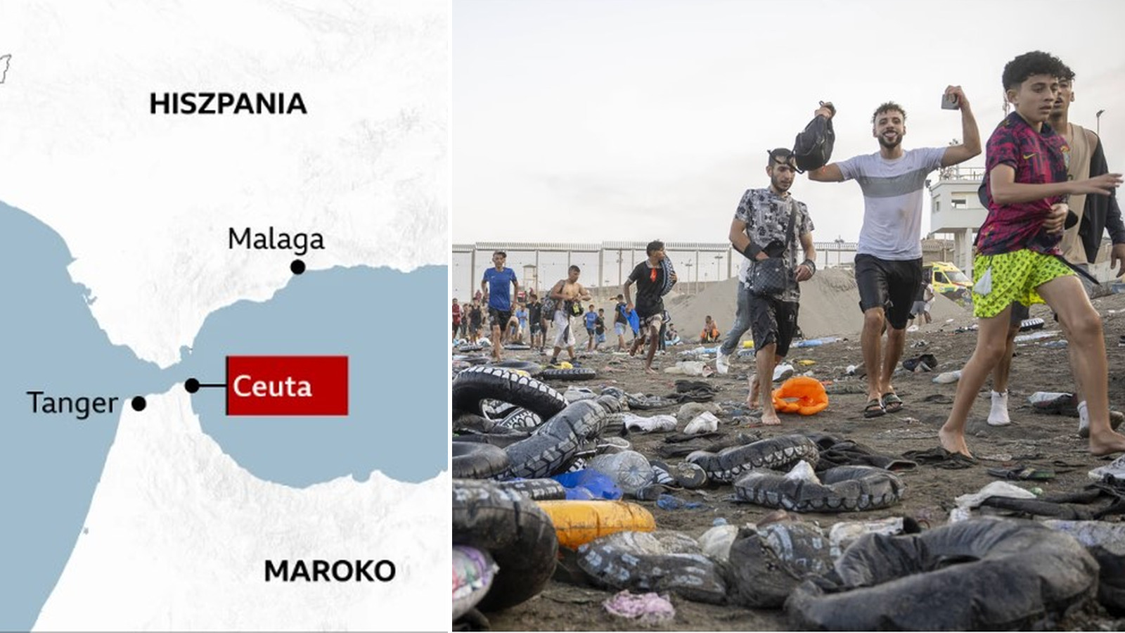 Mapa z zaznaczoną Ceutą między Hiszpanią a Marokiem, obok migranci idący plażą wśród porzuconych dętek i ubrań