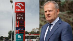 Pylon cenowy stacji paliw z pustymi wyświetlaczami i premier Donald Tusk, który ogłosił powrót programu CPN