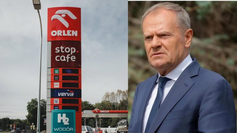 Pylon cenowy stacji paliw z pustymi wyświetlaczami i premier Donald Tusk, który ogłosił powrót programu CPN