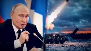 Władimir Putin przy mikrofonie i wyrzutnia Iskander odpalająca pocisk, ilustracja pytania, czy Putin zaatakuje Polskę