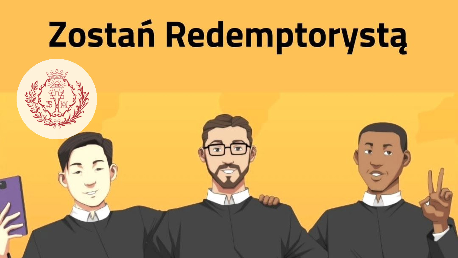 Trzej młodzi redemptoryści w czarnych habitach na plakacie powołaniowym z herbem zgromadzenia