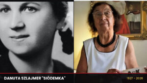 Danuta Szlajmer jako nastolatka i po latach z opaską batalionu Kiliński, z datami 1927 i 2026