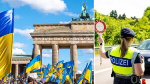 Ukraińskie flagi przed Bramą Brandenburską w Berlinie i policjantka zatrzymująca auto do kontroli