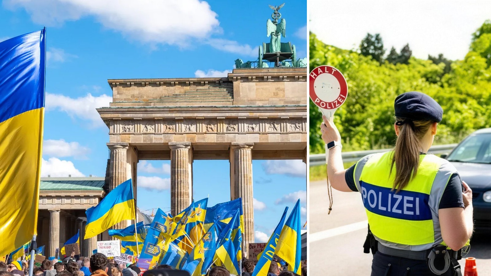 Ukraińskie flagi przed Bramą Brandenburską w Berlinie i policjantka zatrzymująca auto do kontroli