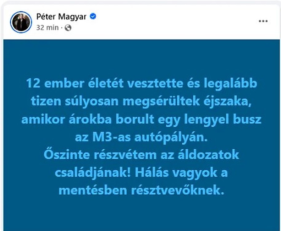 Zrzut ekranu wpisu premiera Węgier Pétera Magyara na Facebooku o wypadku polskiego autokaru na autostradzie M3