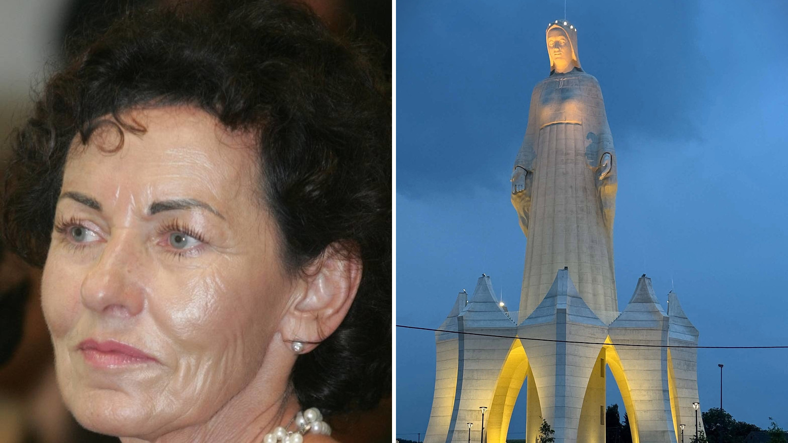 Grażyna Karkosik, fundatorka monumentu, i podświetlona wieczorem figura Matki Bożej Miłosiernej w Konotopiu