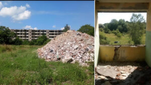 Pryzma gruzu po wyburzonym bloku w Kłominie i wnętrze pustostanu w budynku, który jeszcze stoi