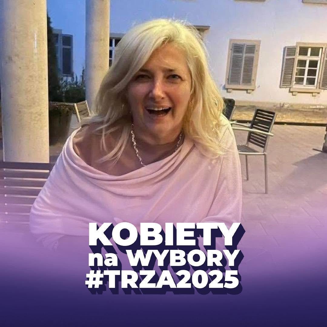 Blondwłosa kobieta na tarasie, na grafice napis Kobiety na wybory i hasztag TRZA2025