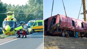 Kolaż: śmigłowiec ratownictwa medycznego i karetki na autostradzie M3 oraz przewrócony wrak polskiego autokaru podnoszony dźwigiem