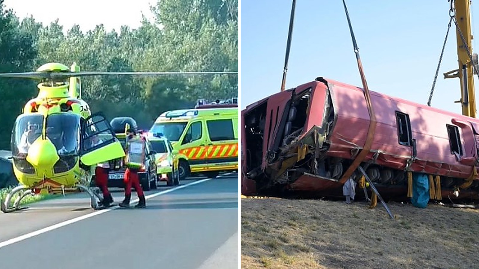 Kolaż: śmigłowiec ratownictwa medycznego i karetki na autostradzie M3 oraz przewrócony wrak polskiego autokaru podnoszony dźwigiem