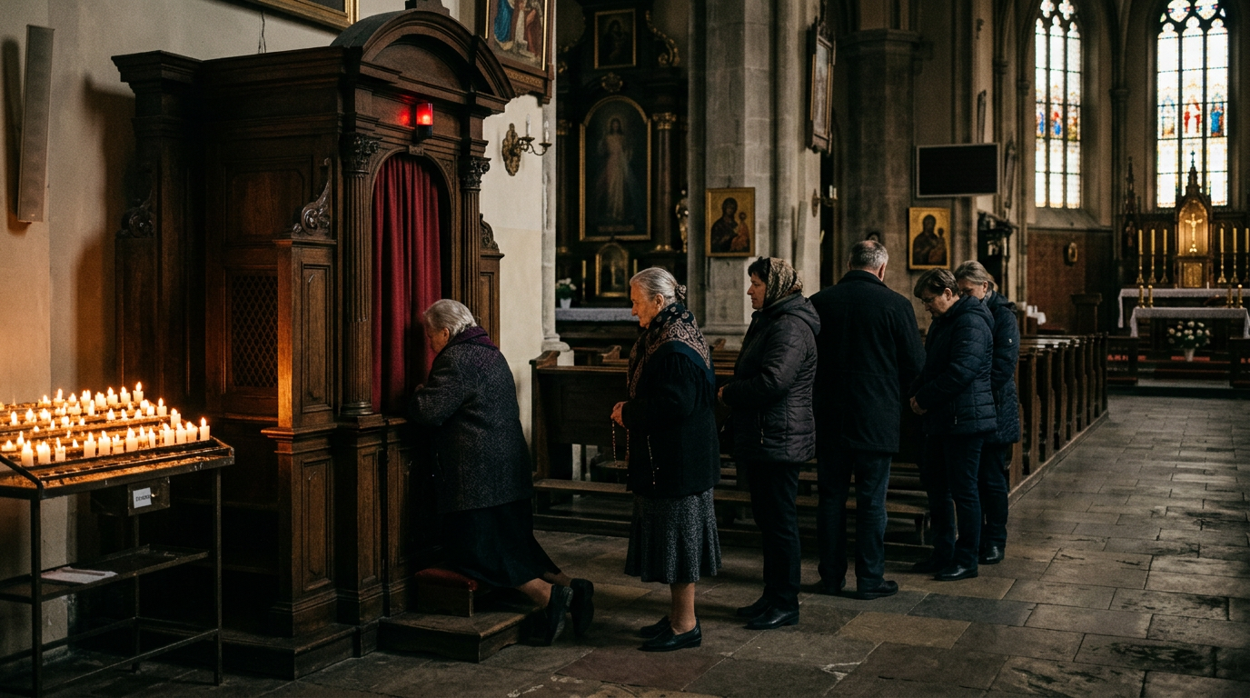 Wierni czekający w kolejce do konfesjonału w polskim kościele – jak się spowiadać po latach przerwy