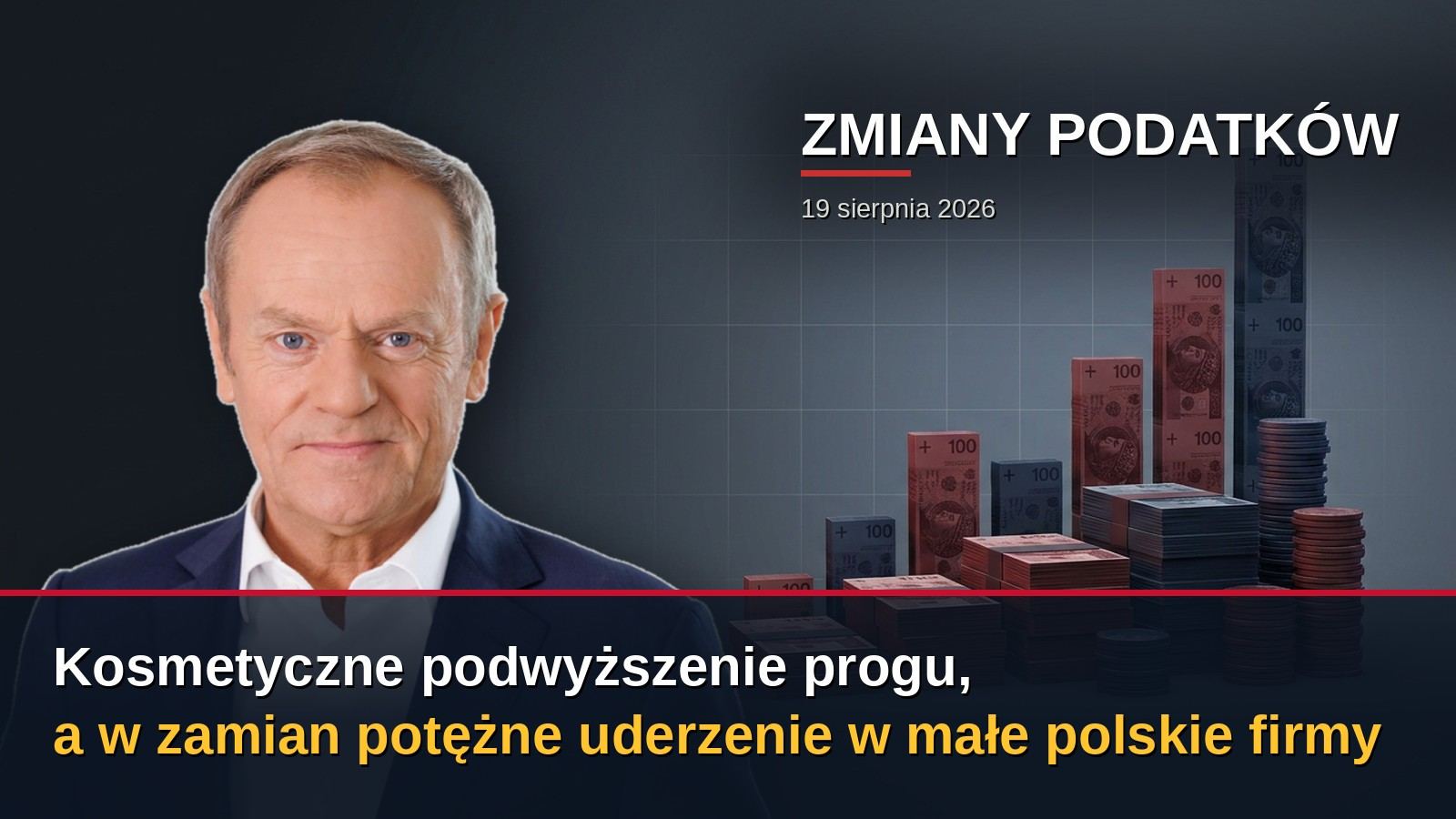 Donald Tusk na tle rosnących słupków z banknotów i napis: kosmetyczne podwyższenie progu, a w zamian potężne uderzenie w małe polskie firmy