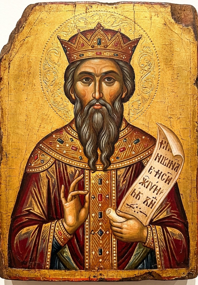Ikona proroka i króla Dawida w koronie, ze zwojem w dłoni – tradycja przypisuje mu 73 psalmy (grafika wygenerowana cyfrowo)