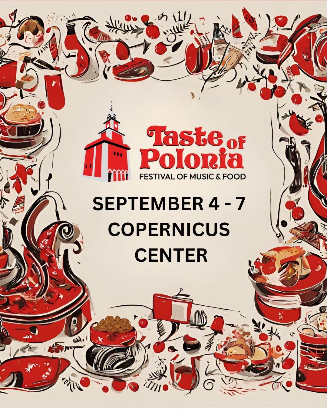 Grafika z logo Taste of Polonia i datą 4-7 września otoczona rysunkami polskich potraw