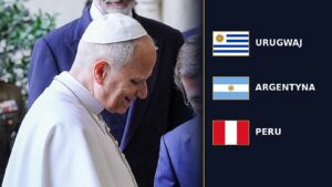 Leon XIV w białej sutannie, obok flag Urugwaju, Argentyny i Peru - krajów jego listopadowej podróży