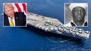 Lotniskowiec typu Gerald R. Ford na morzu, po lewej Donald Trump, po prawej Doris Miller, patron okrętu CVN-81