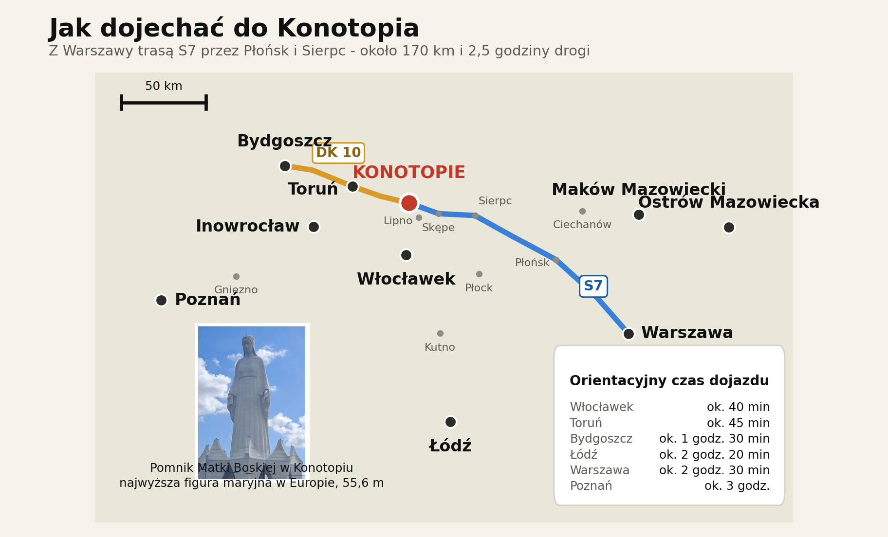 Mapa dojazdu do Konotopia: trasa S7 z Warszawy przez Płońsk i Sierpc oraz droga krajowa nr 10 od Torunia i Bydgoszczy
