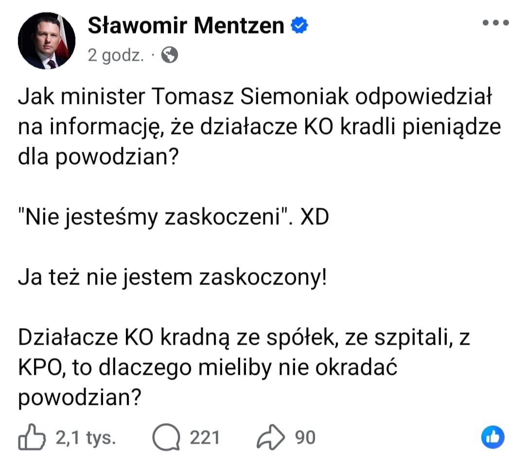 Zrzut wpisu Sławomira Mentzena na Facebooku o odpowiedzi Tomasza Siemoniaka w sprawie pieniędzy dla powodzian