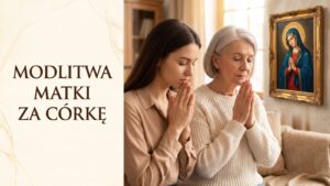 Matka i dorosła córka ze złożonymi dłońmi modlą się w domu obok obrazu Matki Bożej