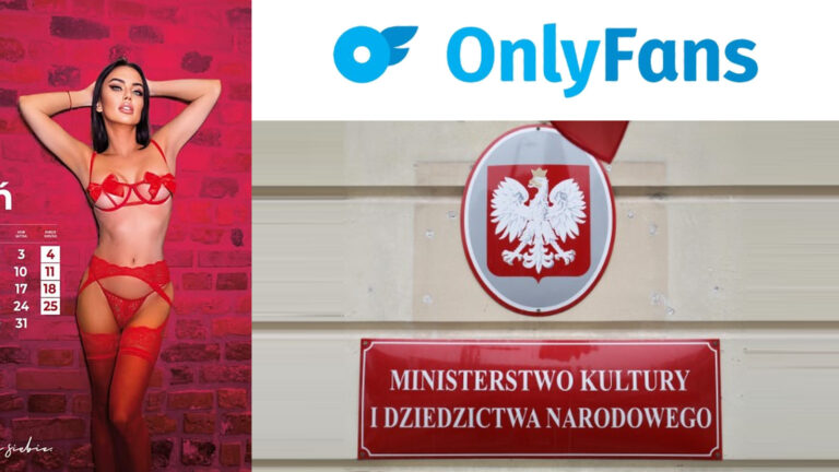 Monika Laskowska w bieliźnie obok tablicy Ministerstwa Kultury i Dziedzictwa Narodowego i logo OnlyFans