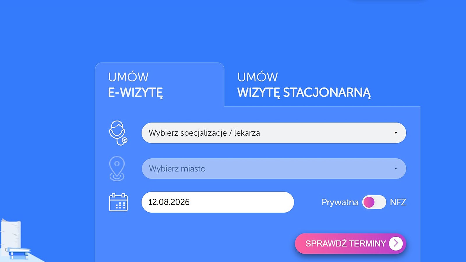 Panel pacjenta MyDr z formularzem umawiania e-wizyty i przełącznikiem wizyta prywatna albo NFZ
